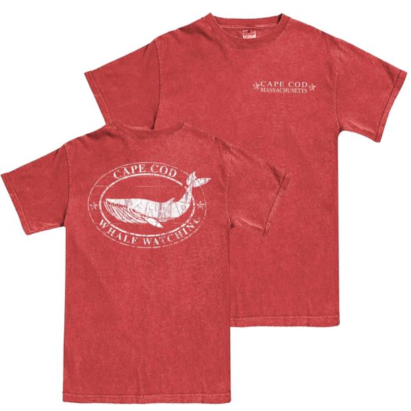 Crimson Short Sleeve T-shirt with Back design of whale watching and Cape Cod Left Chest Name