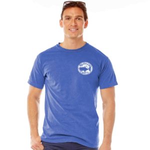 Periwinkle adult short sleeve t-shirt with whale decal design on back and small left chest Chatham Name