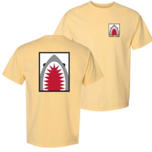 Butter color adult t-shirt with jaws shark design on back Cape Cod name front left chest with small jaws design above