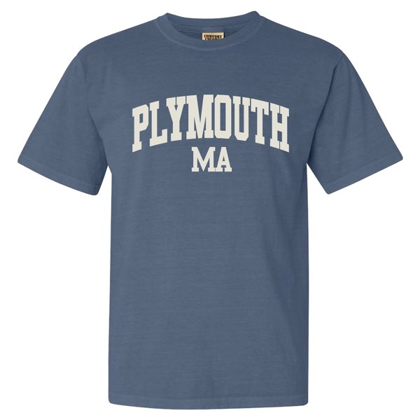 Denim adult short sleeve t-shirt Plymouth MA block letter