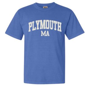 Periwinkle adult short sleeve t-shirt with Plymouth MA block letter on front