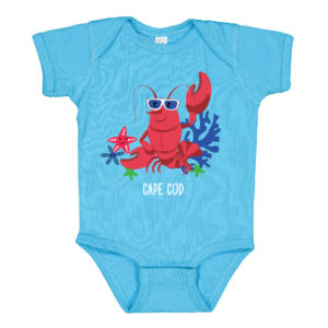 Turquoise infant onesie with lobster design on front Cape Cod name
