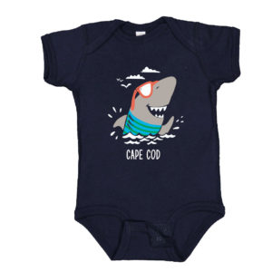 Navy infant onesie with shark design on front Cape Cod name