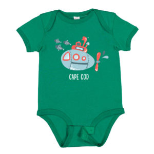 Green infant onesie with submarine design on front Cape Cod name