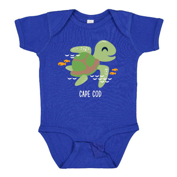 Royal infant onesie with turtle design on front Cape Cod name