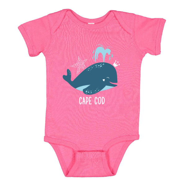 Pink infant onesie with whale design Cape Cod name