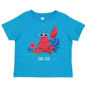 Turquoise toddler t-shirt with lobster design on front Cape Cod name