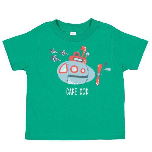 Green toddler t-shirt with submarine design on front Cape Cod name