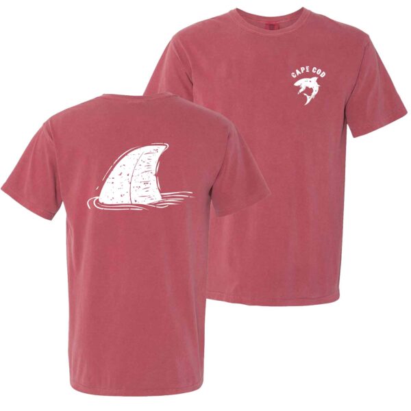 Crimson Short Sleeve with fin design on back and Cape Cod name left chest with shark below