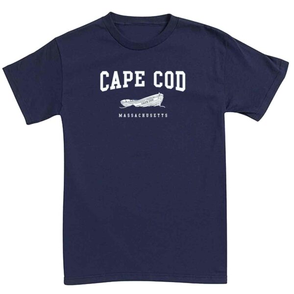 Navy Short Sleeve t-shirt with wooden boat Cape Cod Name on front