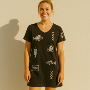 Young smiling woman wearing brown tee shirt dress