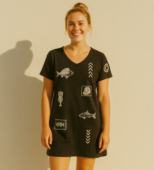 Young smiling woman wearing brown tee shirt dress