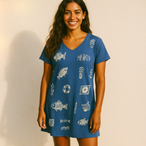 Young smiling woman wearing blue tee shirt dress