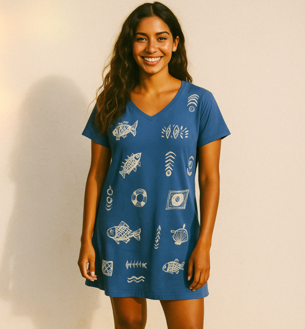 Young smiling woman wearing blue tee shirt dress