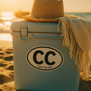 cooler on beach with the text CC Cape Cod, MA
