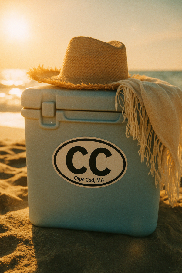 cooler on beach with the text CC Cape Cod, MA