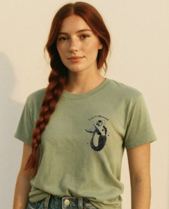 young woman wearing short sleeve sage tee shirt with illustration of a mermaid and the text Soul of a Mermaid on it
