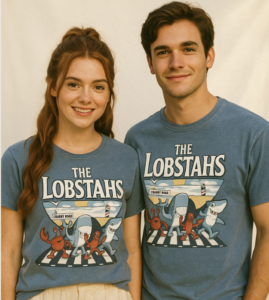 young couple wearing demin tee shirts wtih the text The Lobstahs and an illustration of walking sea creatures