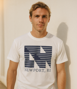 young man wearing a white tee shirt with the text Newport, RI